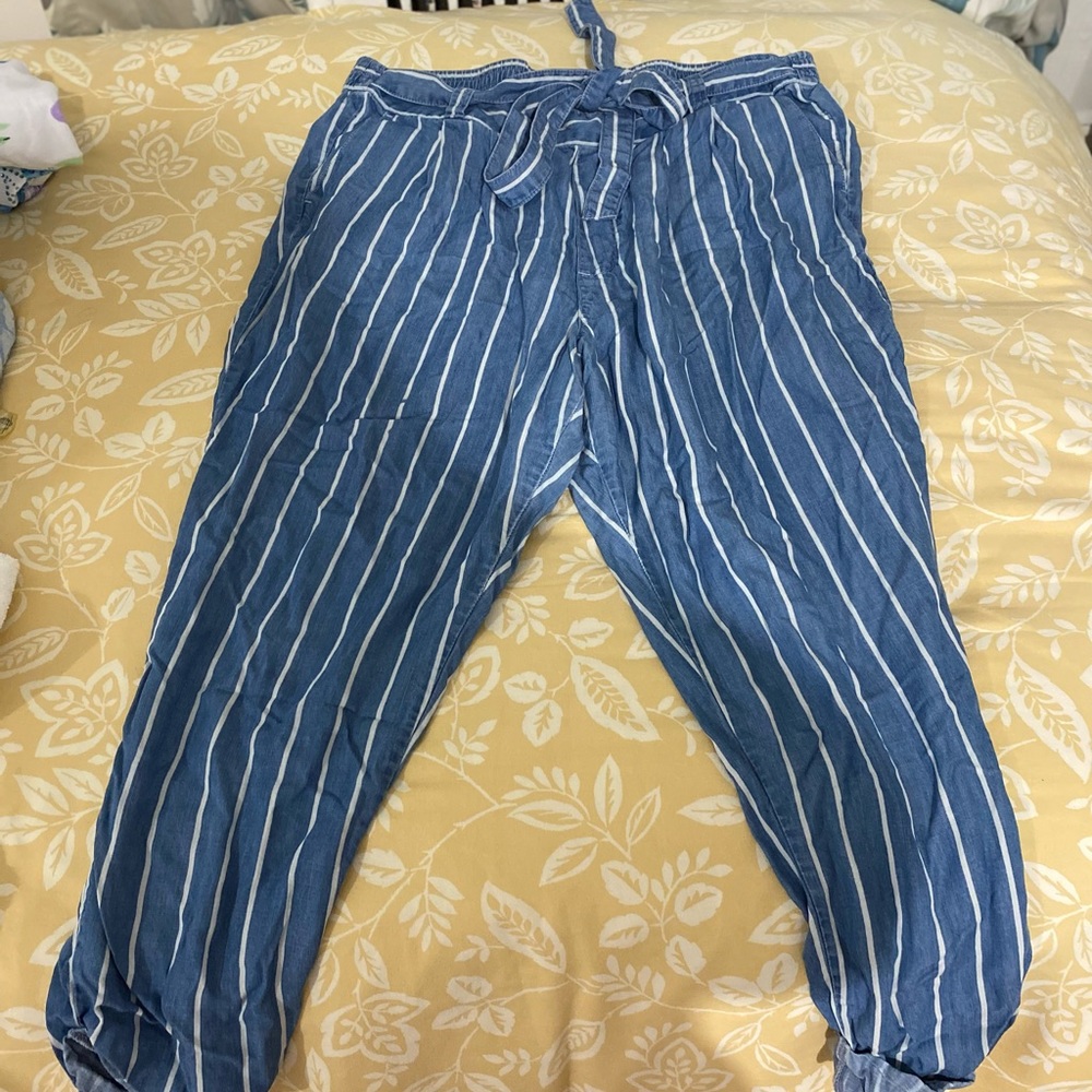 Blue, white strips, stretchy pants